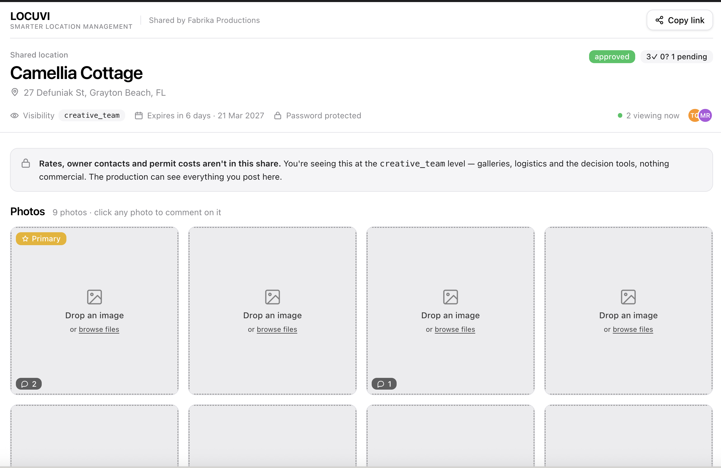 Public share page with locked rate fields