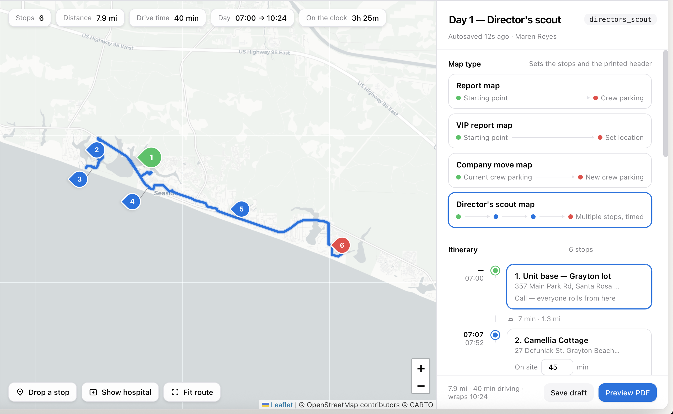 Printed production map with route